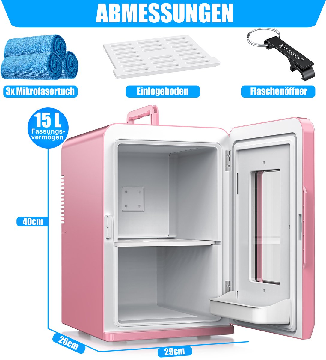 2in1 Mini frigo Réfrigérateur Glacière 15 litres Portable AC DC 220-240V/12V Prise électrique et allume-cigare Rose / 15L