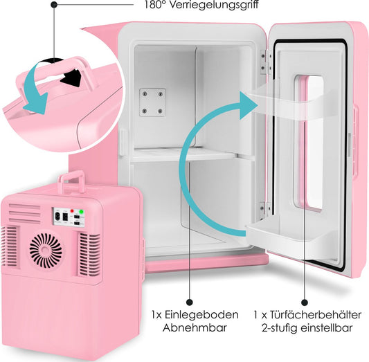 2in1 Mini frigo Réfrigérateur Glacière 15 litres Portable AC DC 220-240V/12V Prise électrique et allume-cigare Rose / 15L