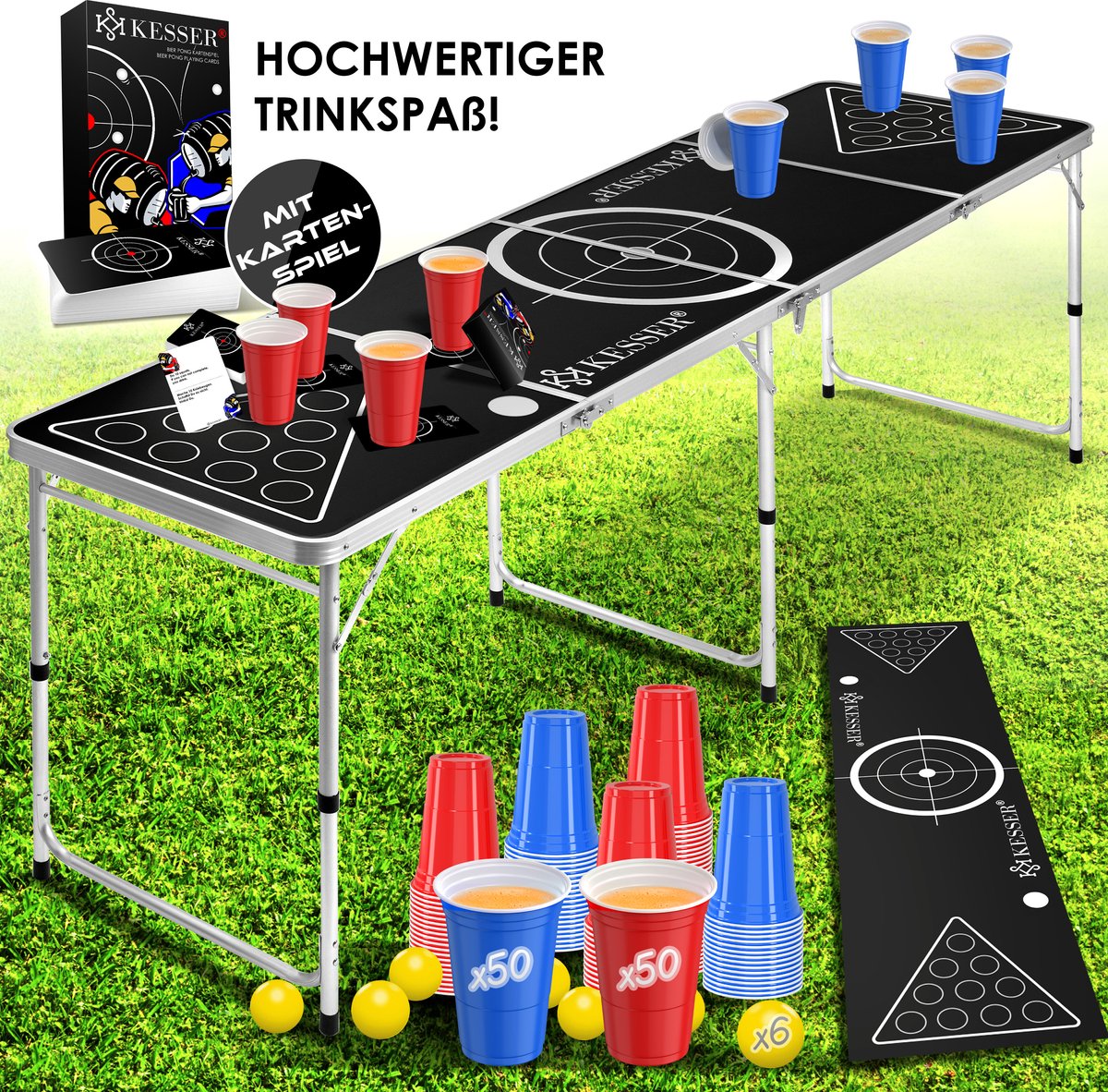 Set jeu de table Beer Pong avec de cartes - 100 gobelets inclus (50 rouges & 50 bleus) 6 balles réglable en hauteur