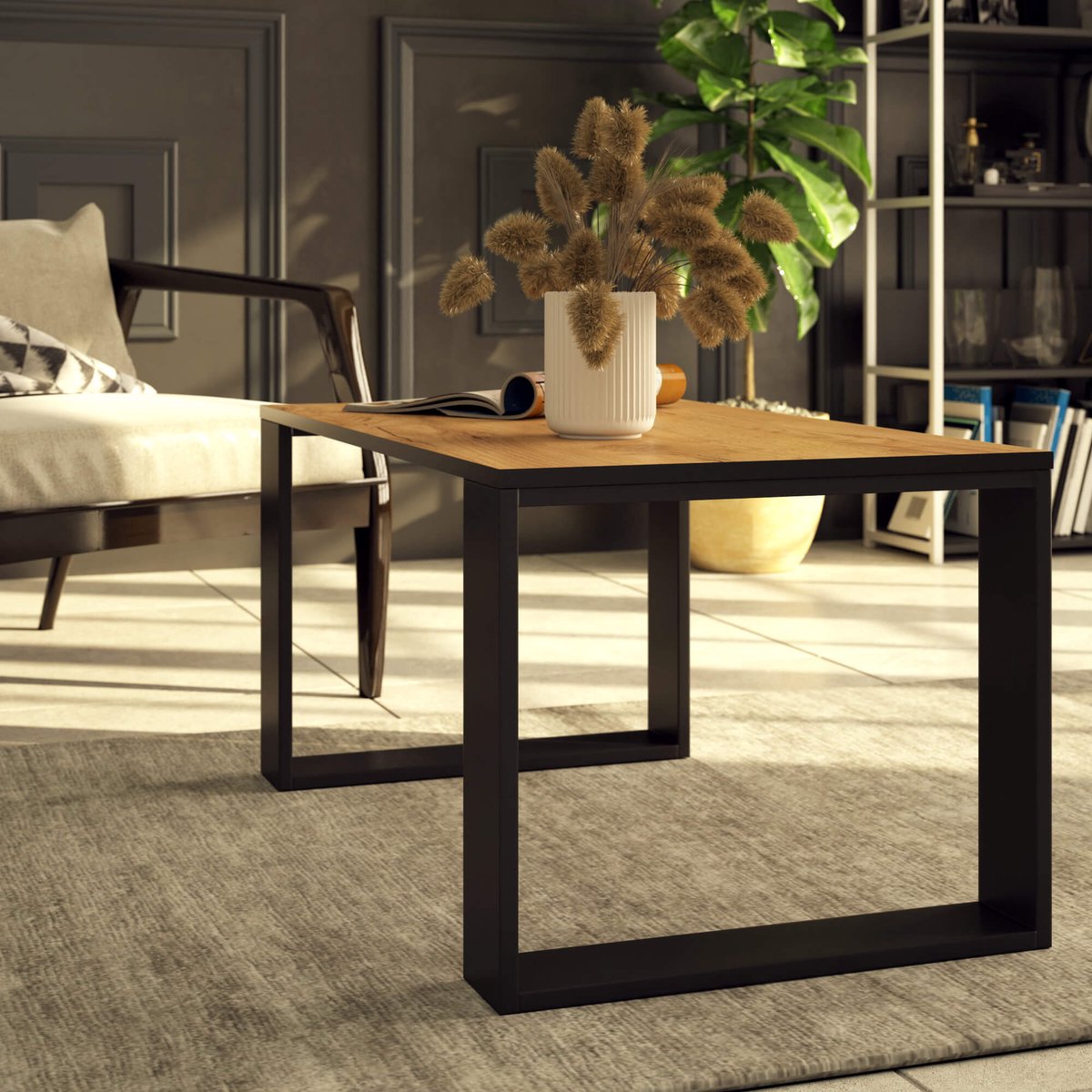 Table Basse Nox Chêne Craft Pieds Noirs 92x53x45 Cm