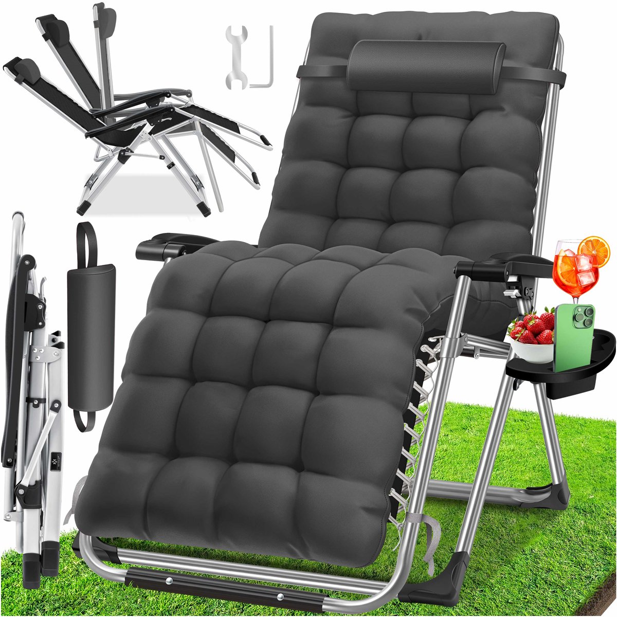 Chaise longue transat pliable avec porte gobelet