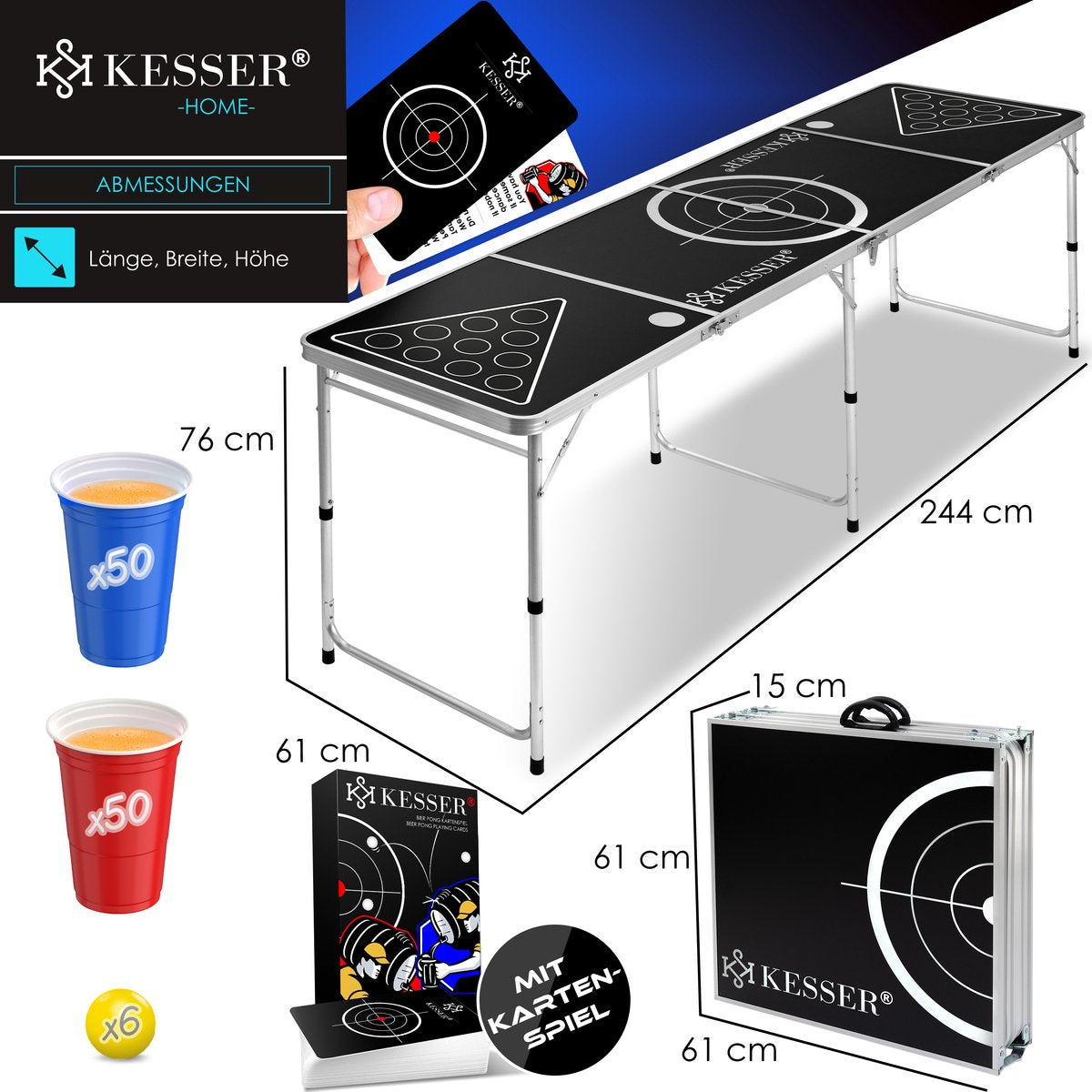 Set jeu de table Beer Pong avec de cartes - 100 gobelets inclus (50 rouges & 50 bleus) 6 balles réglable en hauteur