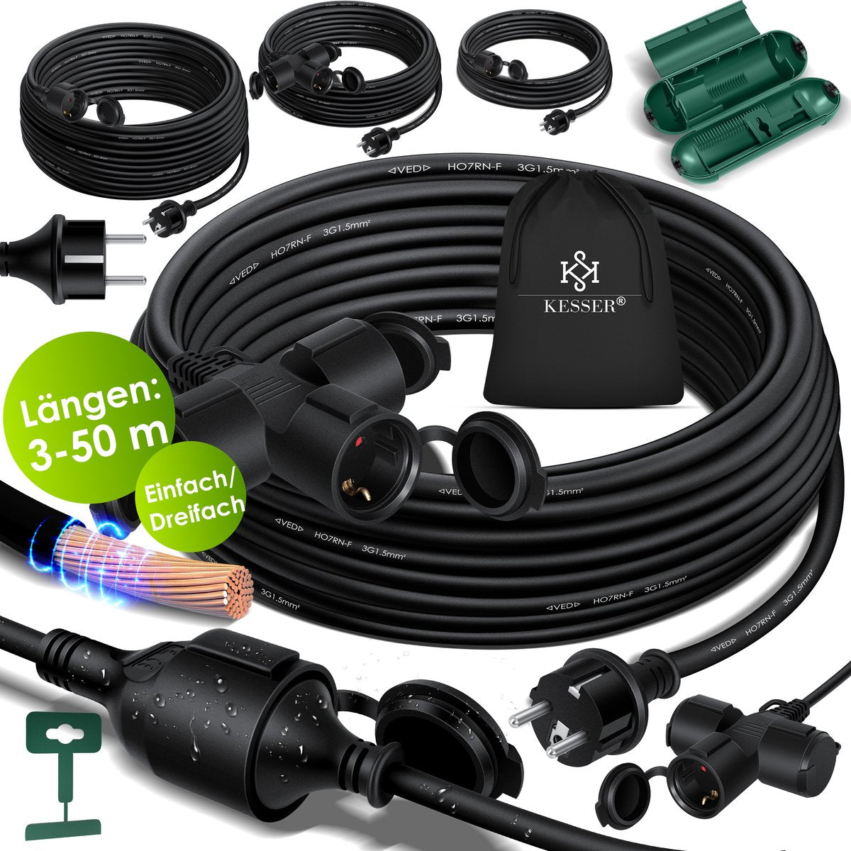 Rallonge 3 Prises 250 V avec Capuchon de Protection Résistant à l'huile et aux UV, 40m, Noir