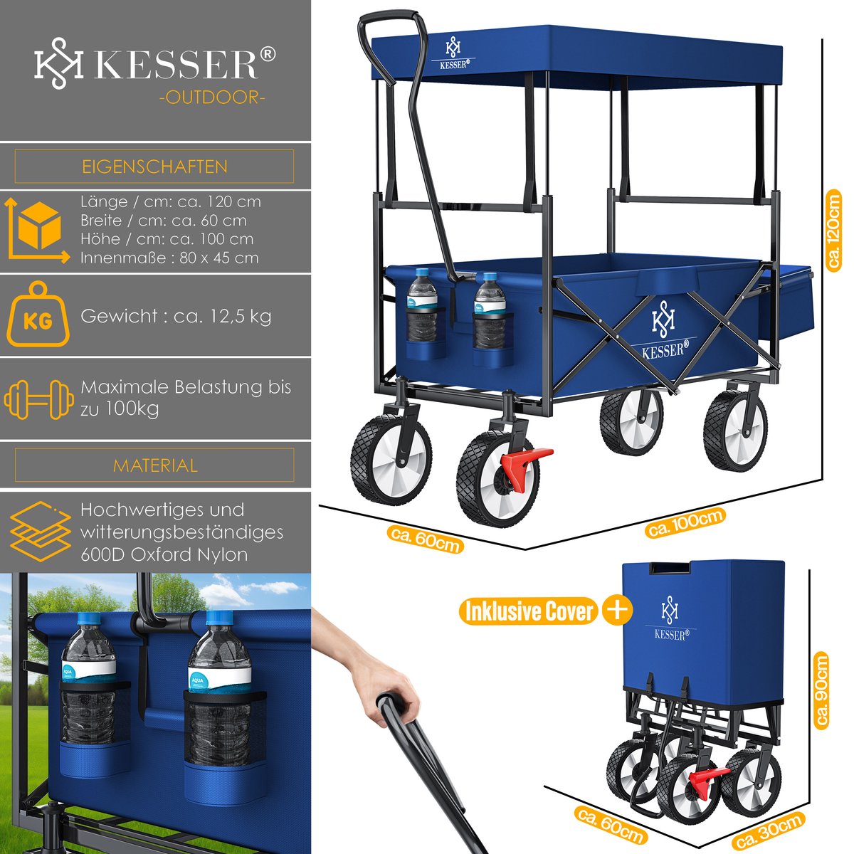 Chariot de transport pliable avec toit 2 poche + Housse