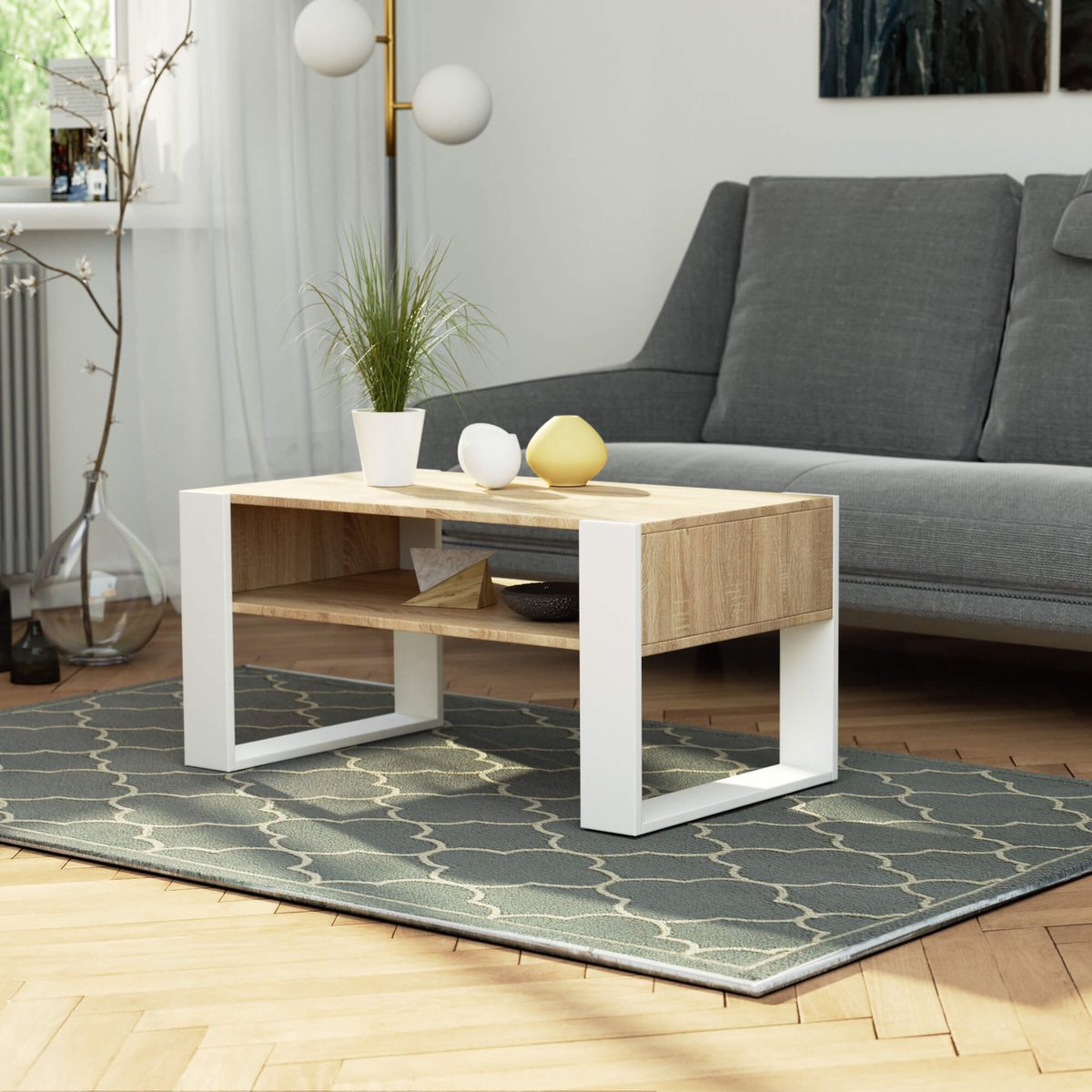 Table Basse bois Chêne Sonoma Blanc 92x53x45 Cm