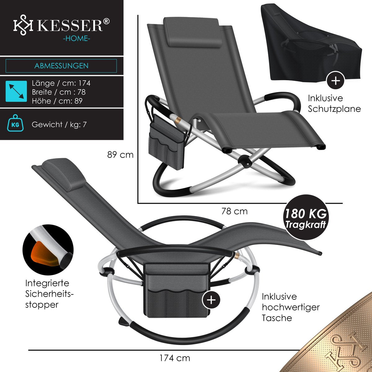 Chaise longue de jardin à bascule Capacité de charge de 180 kg 174x78x89cm