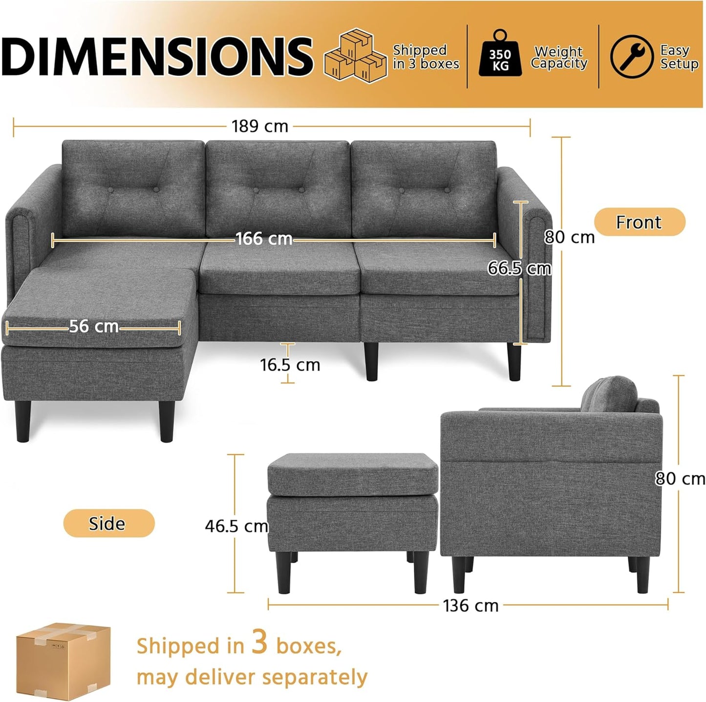 Canapé 3 Places avec Pouf Design Modern