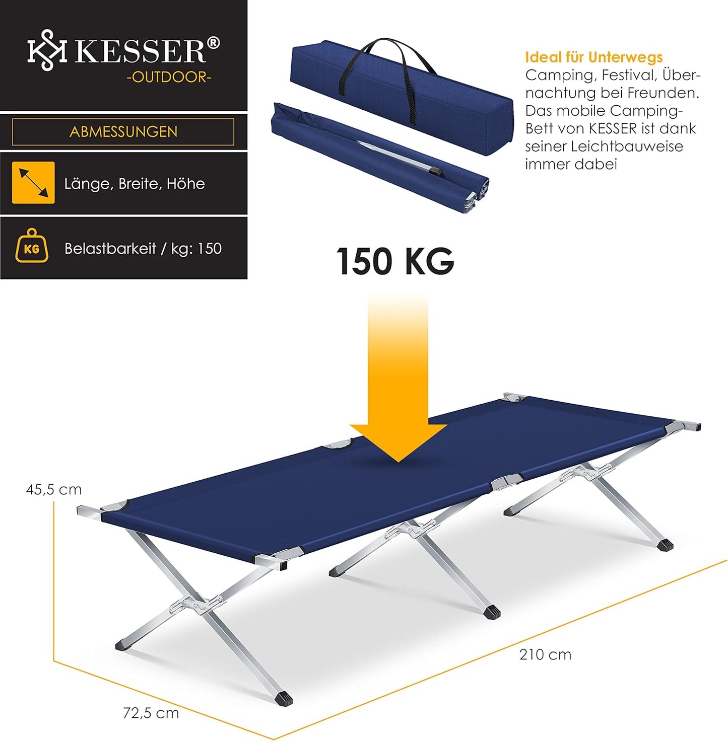 Lit de camping pliant avec sac de transport 150 kg - Tube en métal 600D
