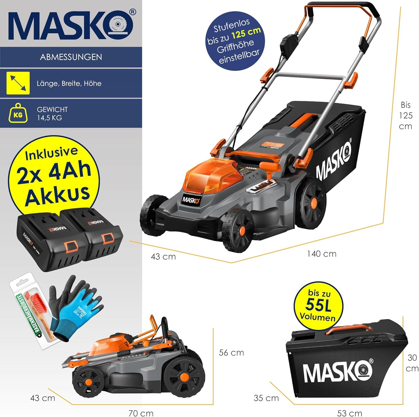 Tondeuse à gazon à batterie MASKO® ECO- X10 incl. batteries Li-Ion 4 Ah & double chargeur