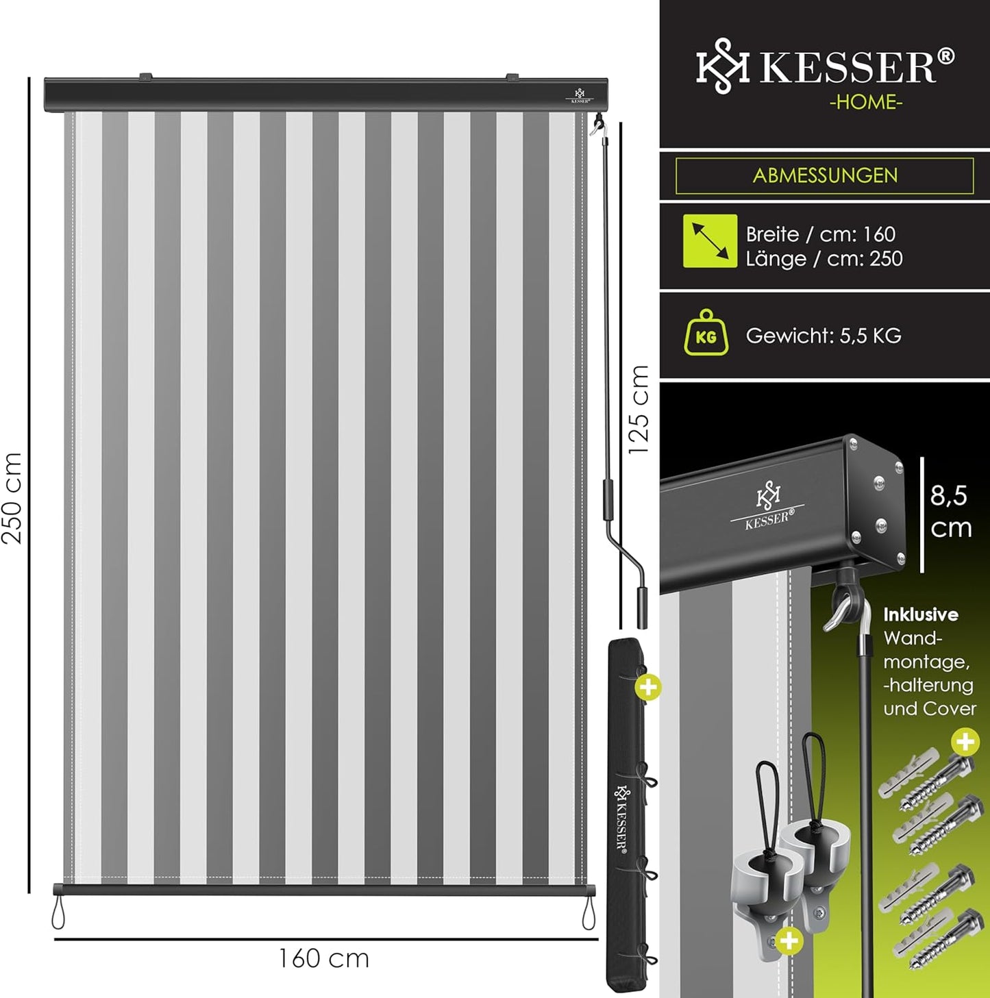 Store vertical 160 x 250 cm Mécanisme à manivelle balcon - Protection solaire et brise-vue
