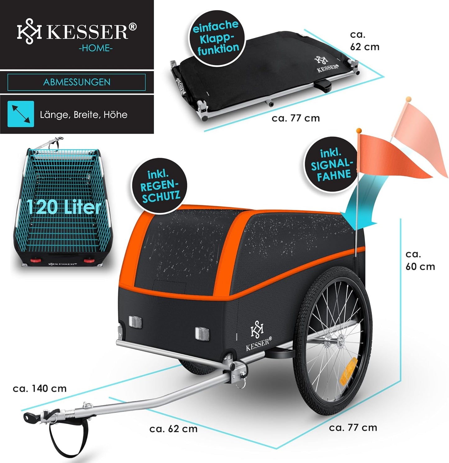 Remorque vélo Haut avec attelage Couvercle Inclus 120 litres Max. 40 kg