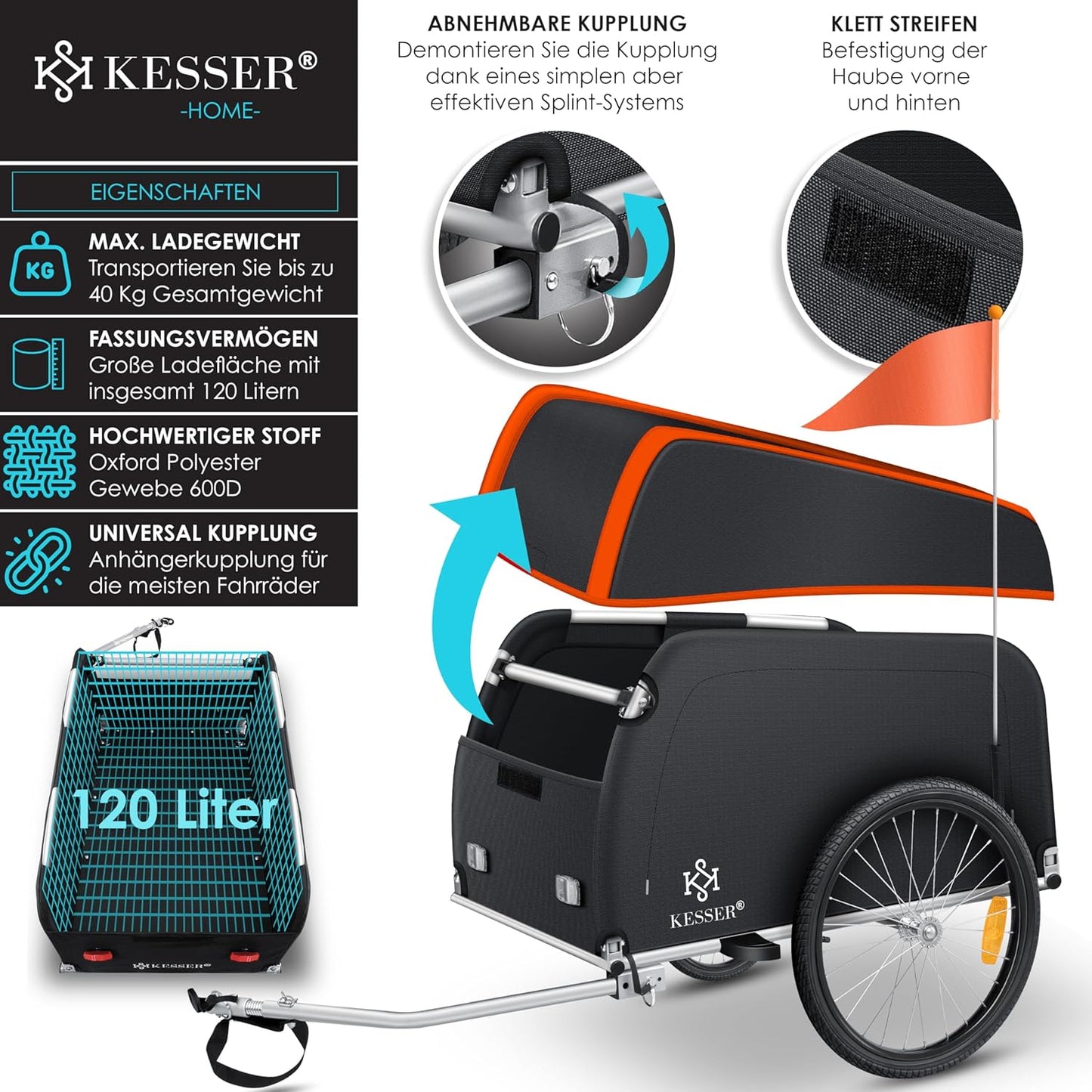 Remorque vélo Haut avec attelage Couvercle Inclus 120 litres Max. 40 kg