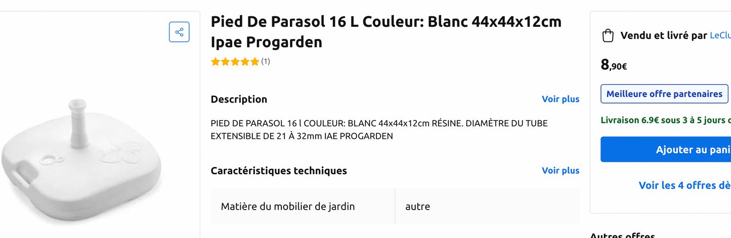 Pied De Parasol 16 L Couleur: Blanc 44x44x12cm Ipae Progarden