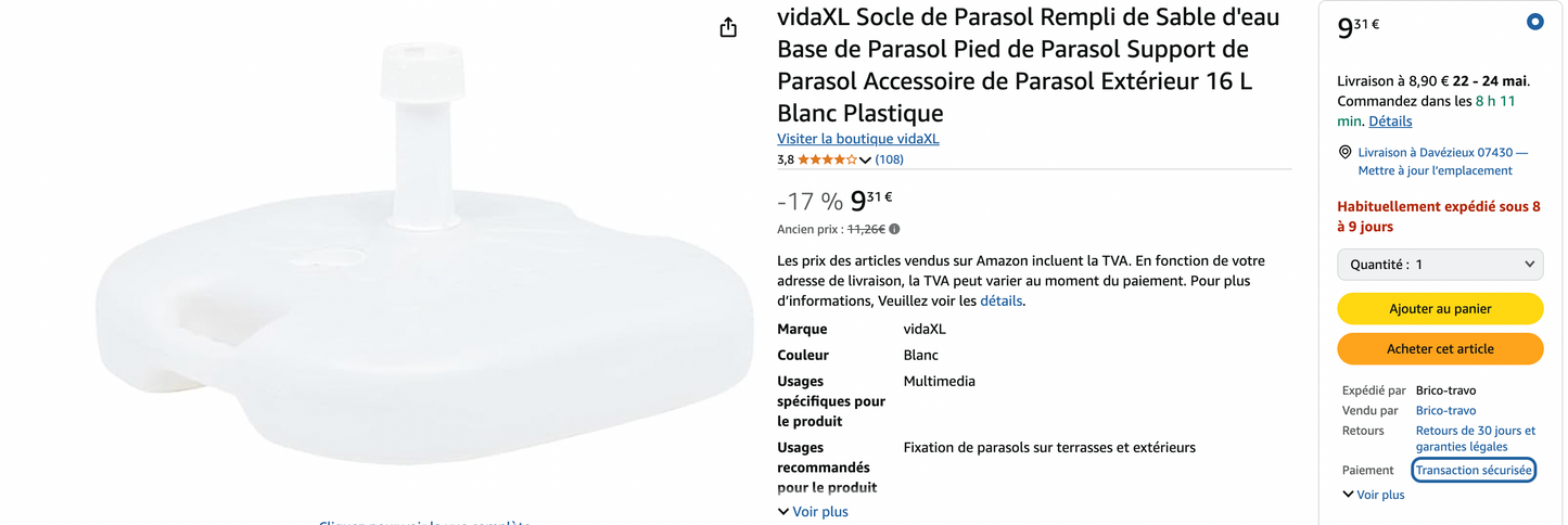 Pied De Parasol 16 L Couleur: Blanc 44x44x12cm Ipae Progarden