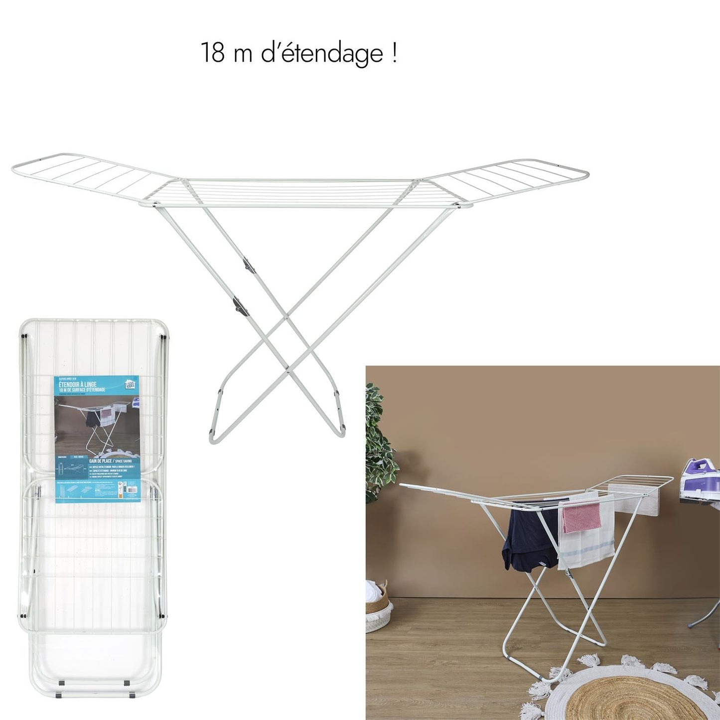 Séchoir À Linge Pliable Etendoir À Ailes En Métal Silver À Poser 18 Mètres
