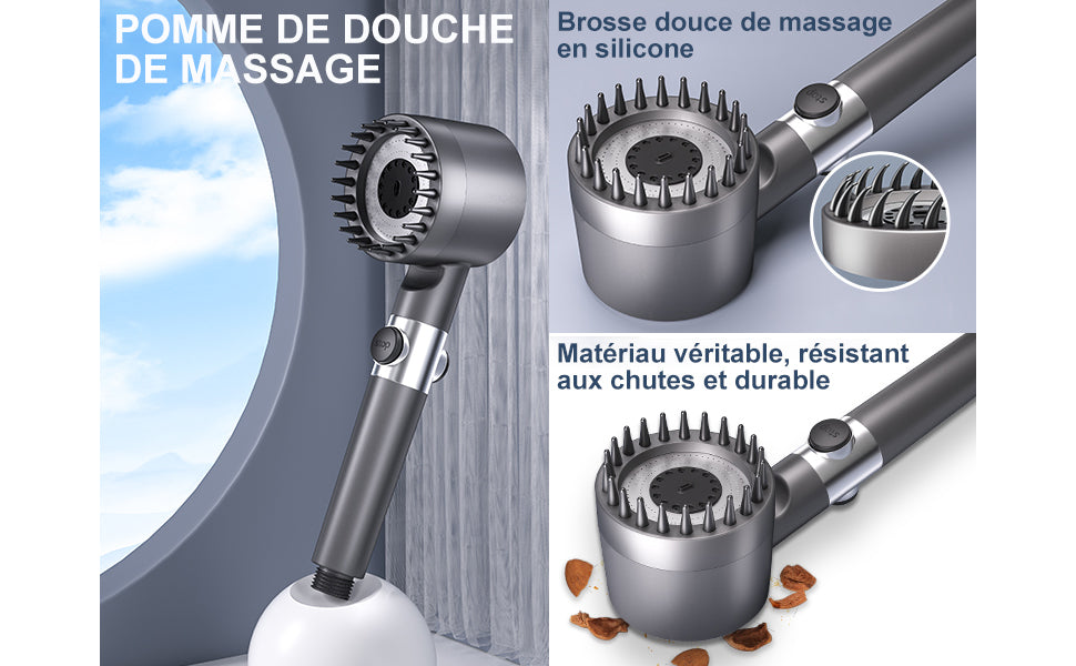 Pommeau de Douche massage Haute Pression Economiseur d'eau filtre Anti Calcaire 1.5M + Support