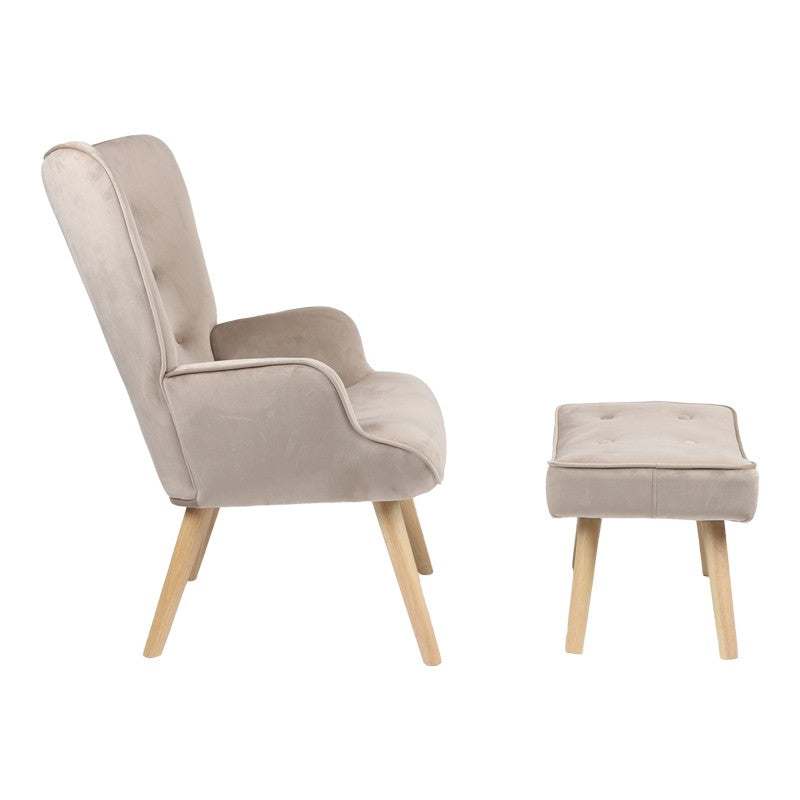 Fauteuil avec repose-pieds Vivienne tissu velours beige-pied naturel 75x69x96cm