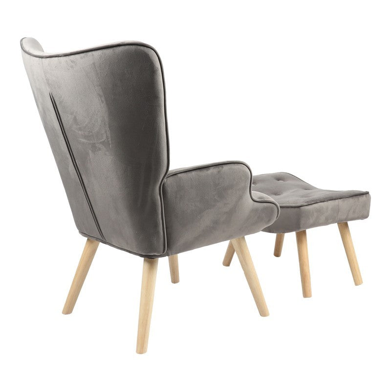 Fauteuil avec repose-pieds Vivienne tissu velours gris foncé-pied naturel 75x69x96cm