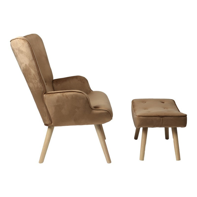 Fauteuil avec repose-pieds Vivienne tissu velours taupe-pied naturel 75x69x96cm