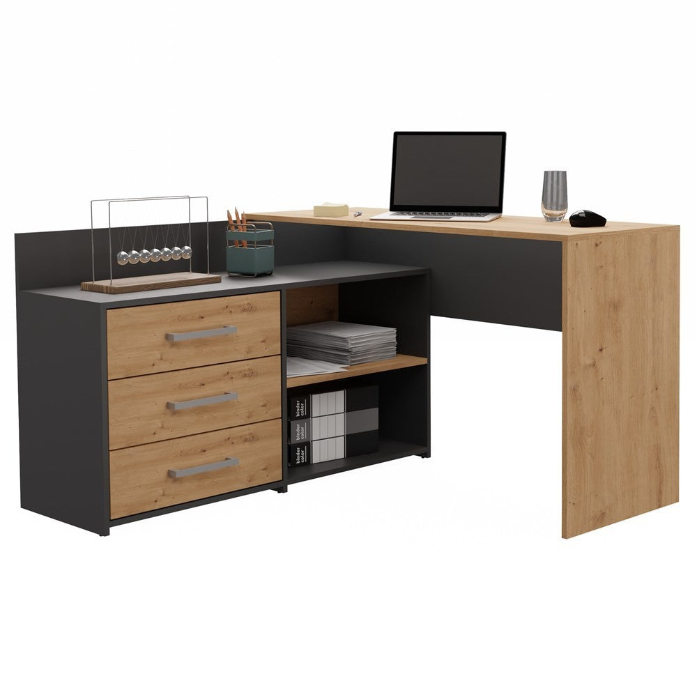 Bureau d'angle NOZE 3 tiroirs anthracite et bois chêne 120X50X76 cm