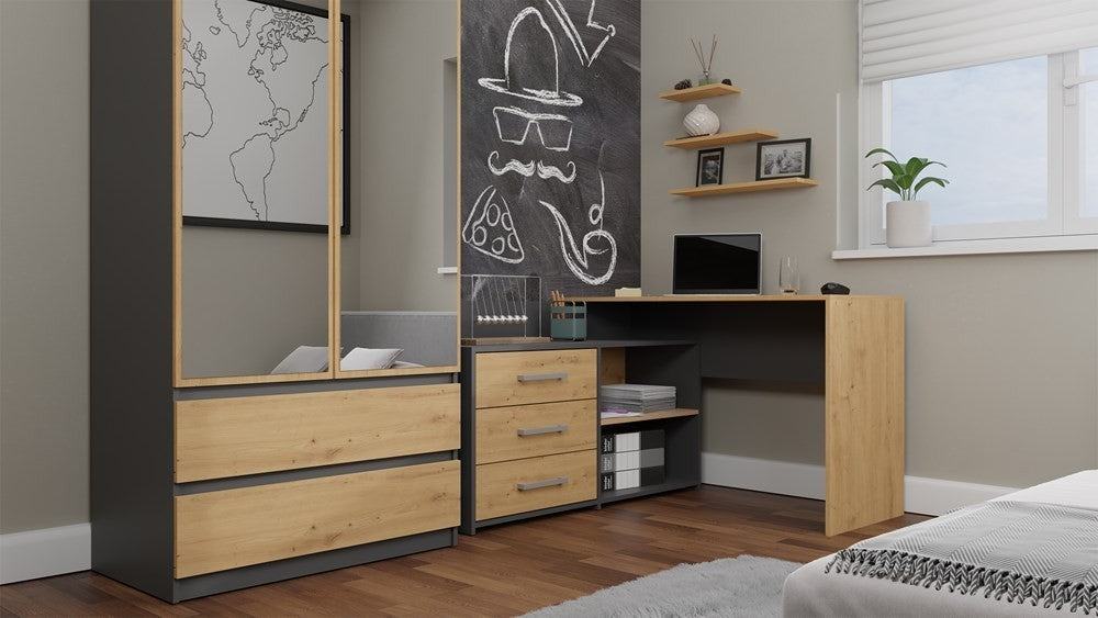Bureau d'angle NOZE 3 tiroirs anthracite et bois chêne 120X50X76 cm