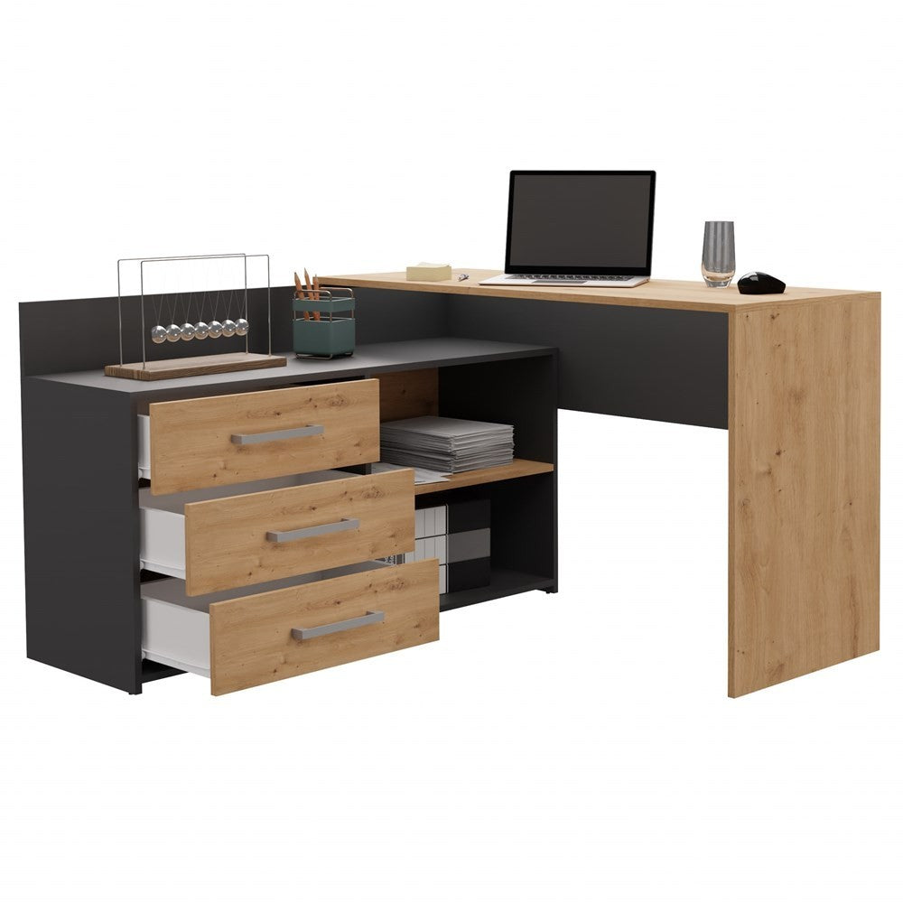 Bureau d'angle NOZE 3 tiroirs anthracite et bois chêne 120X50X76 cm