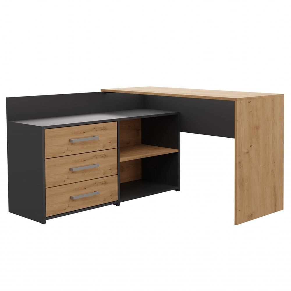 Bureau d'angle NOZE 3 tiroirs anthracite et bois chêne 120X50X76 cm