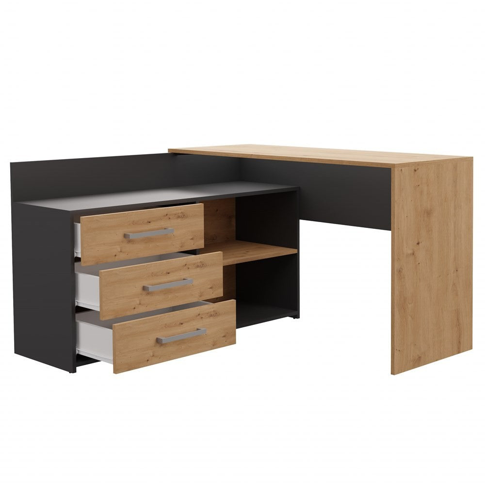 Bureau d'angle NOZE 3 tiroirs anthracite et bois chêne 120X50X76 cm