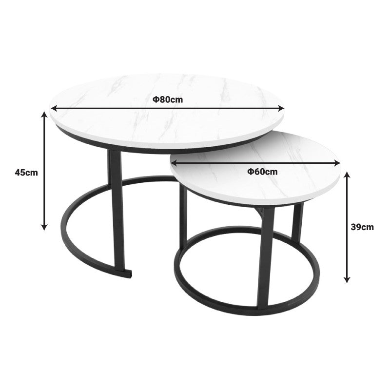 Lot de 2 Table basse 2 mdf aspect marbre blanc 80x80x45 cm