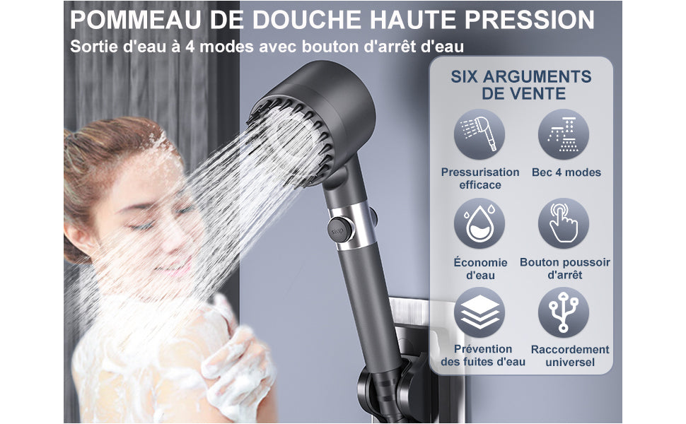 Pommeau de Douche massage Haute Pression Economiseur d'eau filtre Anti Calcaire 1.5M + Support