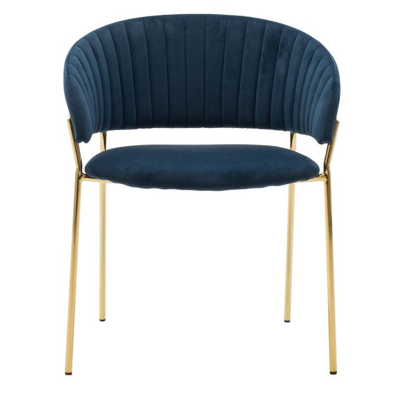 Fauteuil métallique Maggie doré brillant avec velours bleu