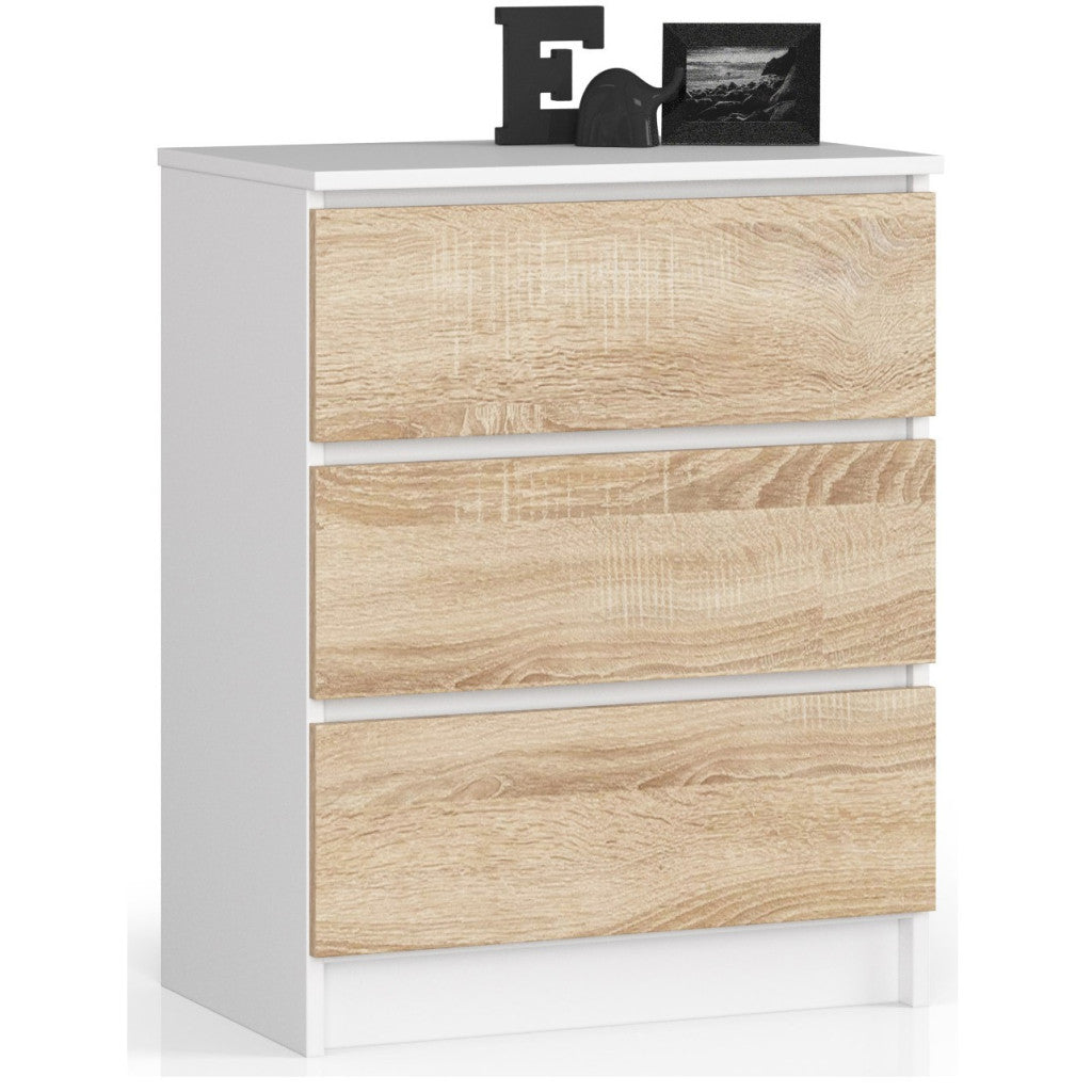 Commode 3 tiroirs blanche façade bois Chêne Sonoma 60x40x77 Cm