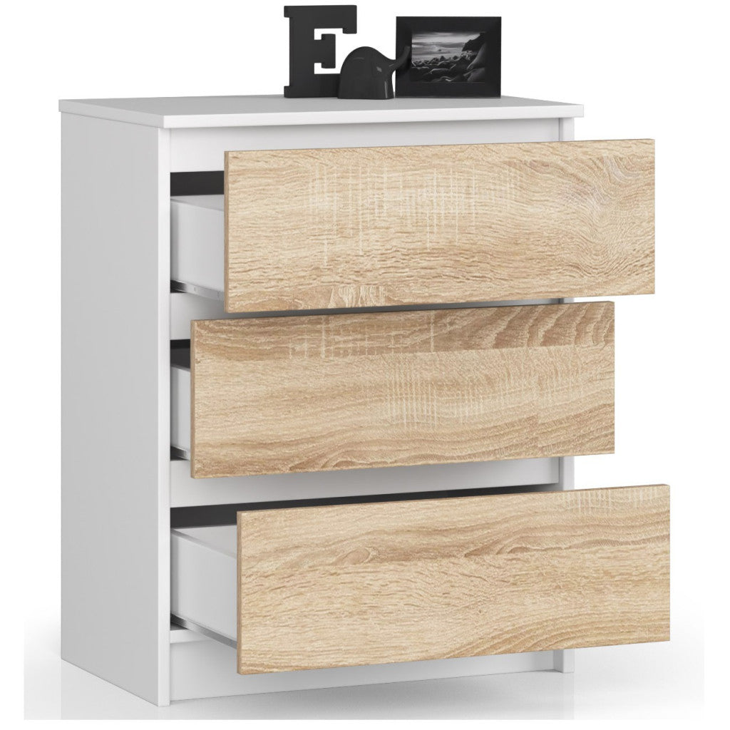 Commode 3 tiroirs blanche façade bois Chêne Sonoma 60x40x77 Cm