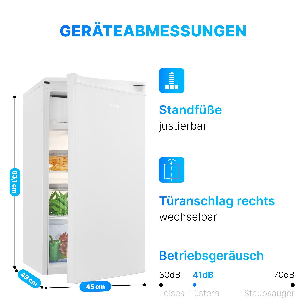 Réfrigérateur Bomann KS 7349, 91 L, 2 étagere en verre, éclairage intérieur LED, bac à légumes, blanc