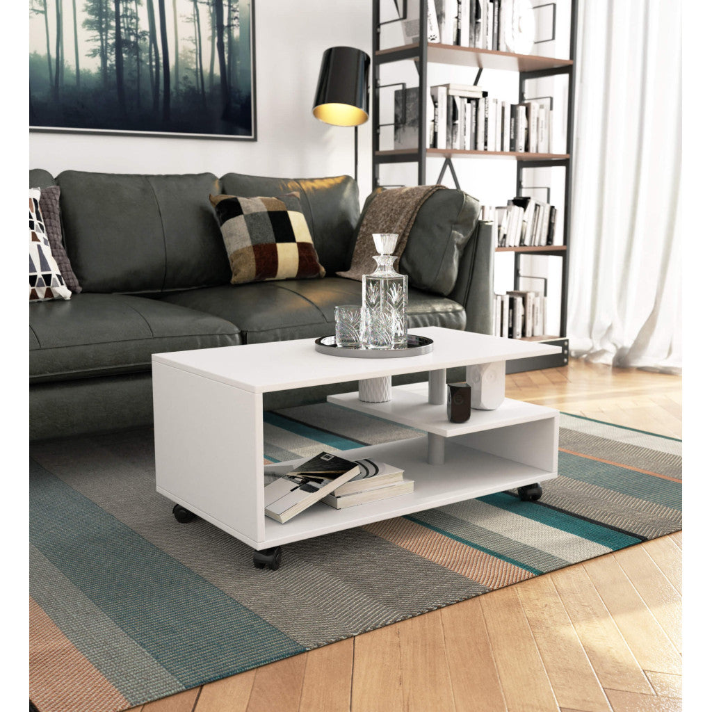 Table basse sur roulettes blanche 90x51x40 cm