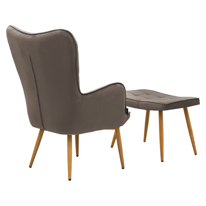Fauteuil Maddison avec repose-pieds-coussin velours marron-naturel 68x72x98cm