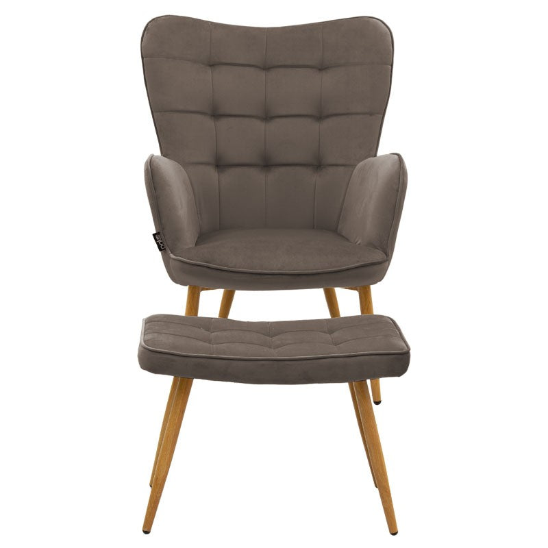 Fauteuil Maddison avec repose-pieds-coussin velours marron-naturel 68x72x98cm