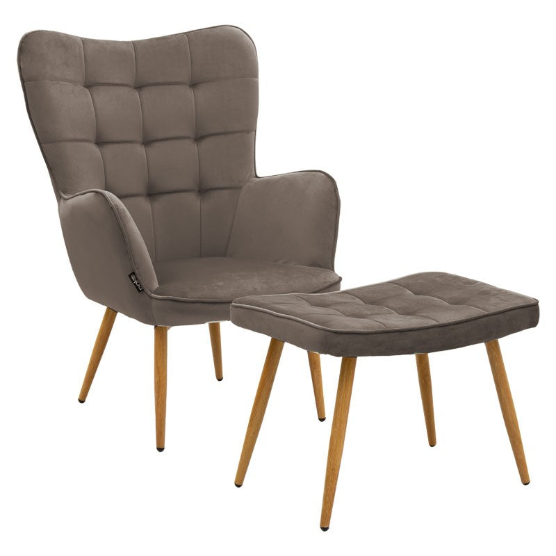 Fauteuil Maddison avec repose-pieds-coussin velours marron-naturel 68x72x98cm