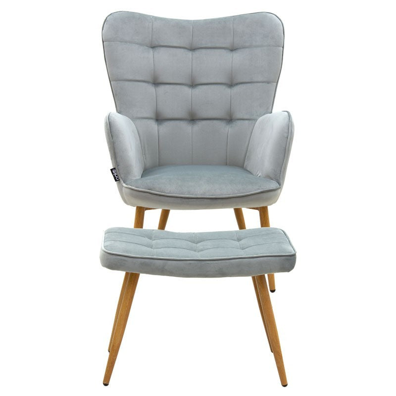 Fauteuil Maddison avec repose-pieds-coussin velours gris-naturel 68x72x98cm