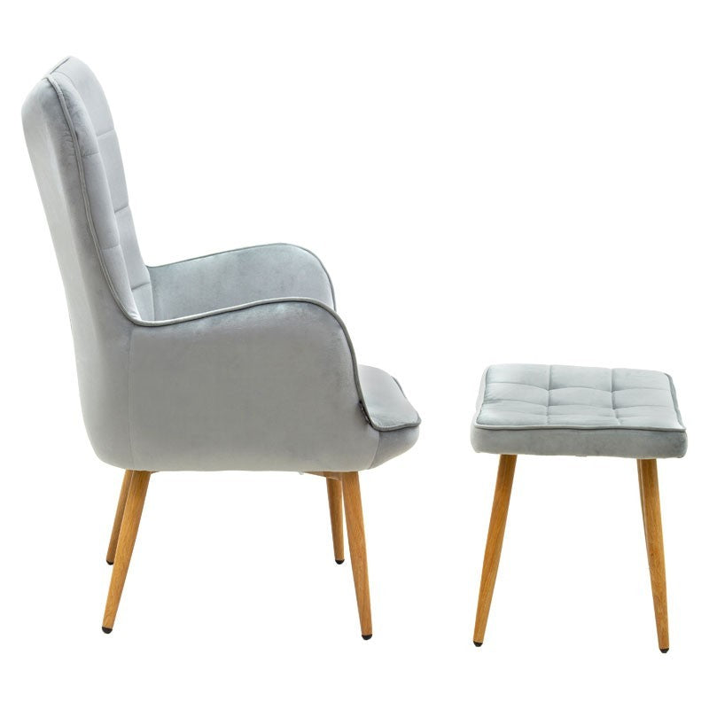 Fauteuil Maddison avec repose-pieds-coussin velours gris-naturel 68x72x98cm