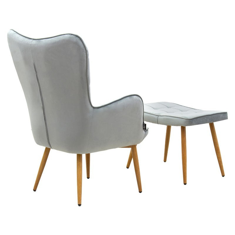 Fauteuil Maddison avec repose-pieds-coussin velours gris-naturel 68x72x98cm