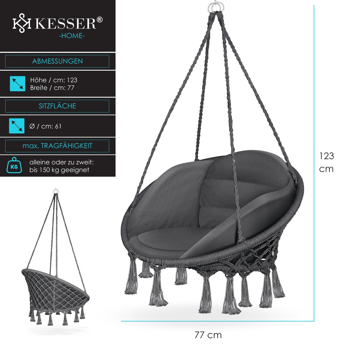 Fauteuil Chaise Suspendu avec Coussin à Suspendre charge  150 kg