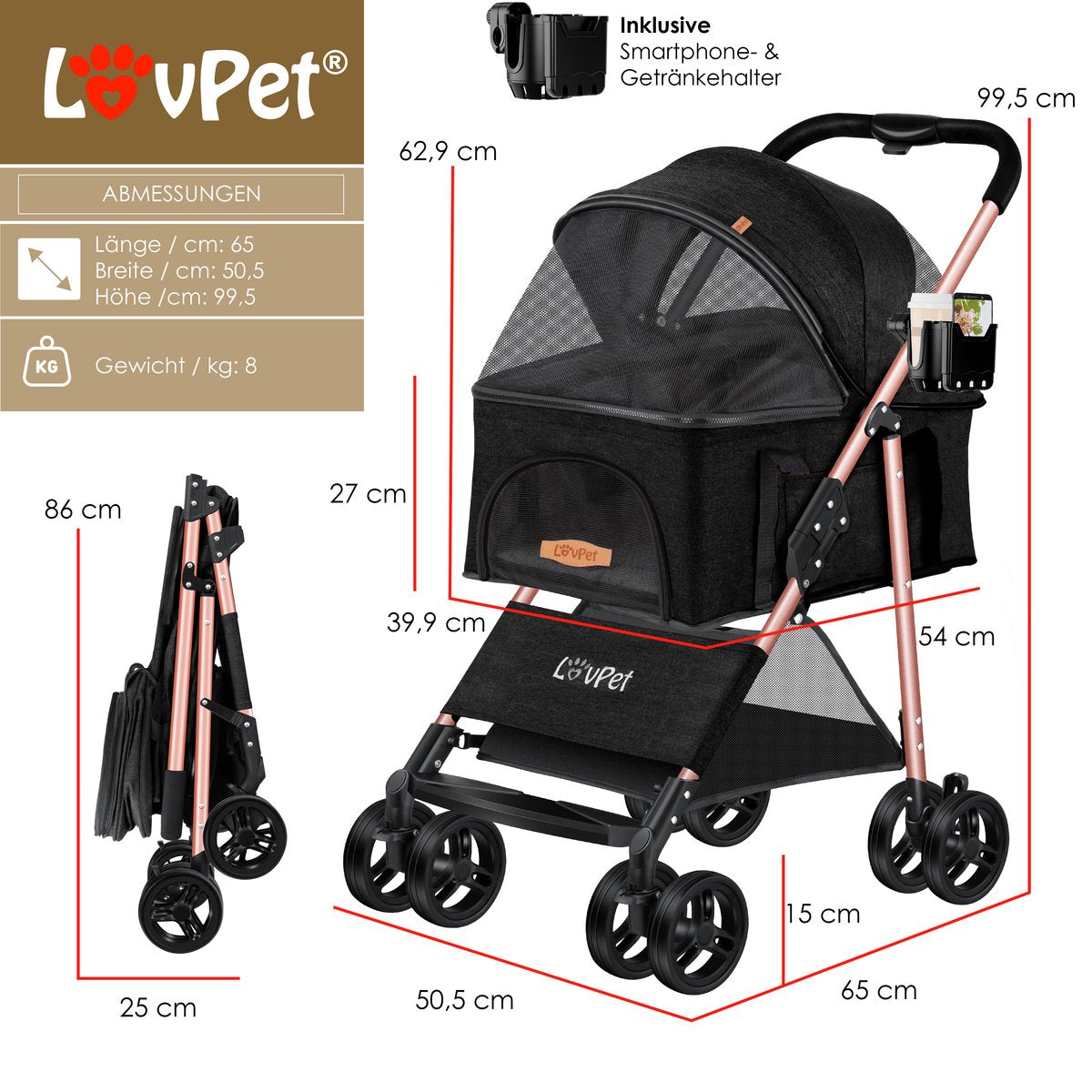 Poussette pour chien 2en1 Buggy  Pliable Pliable jusqu'à 20 kg  Noir