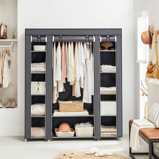 Armoire en Tissu avec Tringle à vêtements et étagères  150 x 45 x 175 cm, Gris