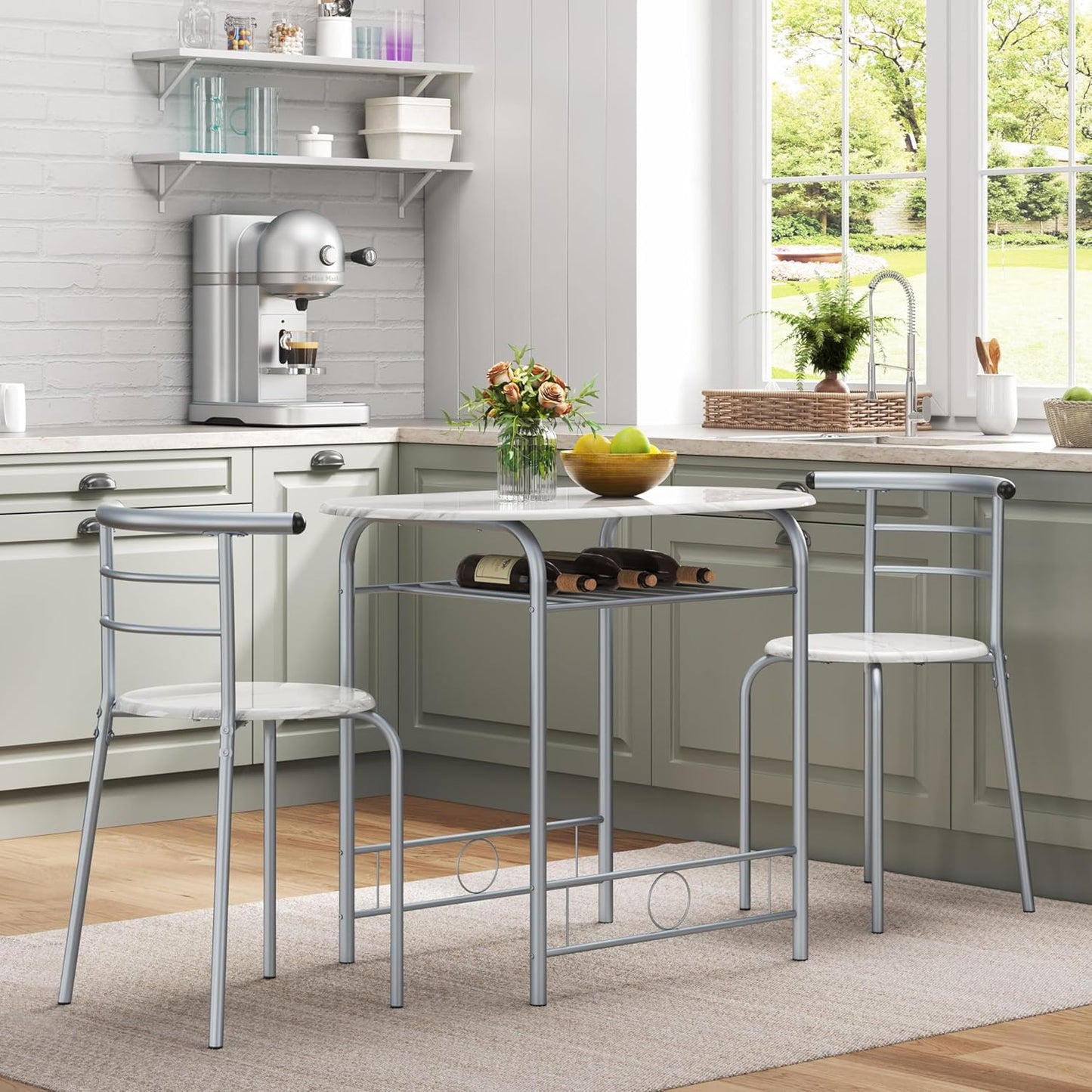 Ensemble Table à Manger Ronde avec 2 Chaises en Bois MDF Porte-Bouteilles Blanc