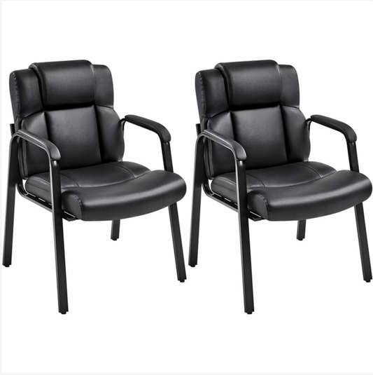 Lot de 2 Chaises Visiteur en Simili Cuir avec Accoudoir, Siège Capitonné et Rembourré, Noir
