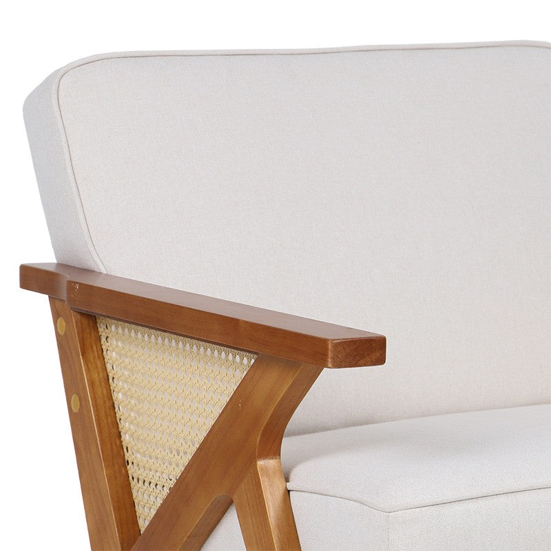 Fauteuil Claudia tissu beige-pvc rotin-hévéa naturel