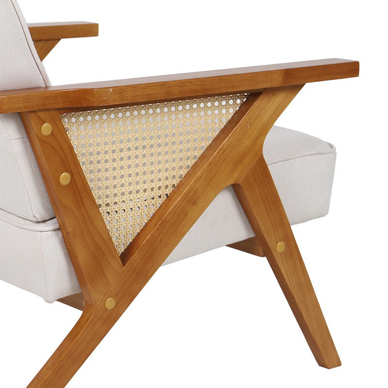 Fauteuil Claudia tissu beige-pvc rotin-hévéa naturel