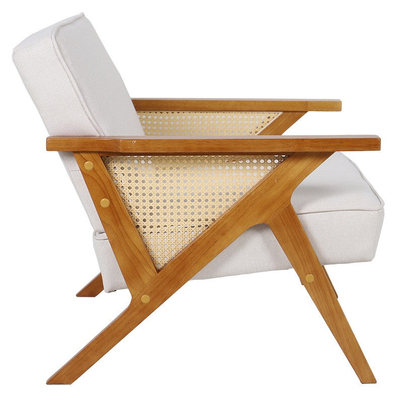Fauteuil Claudia tissu beige-pvc rotin-hévéa naturel