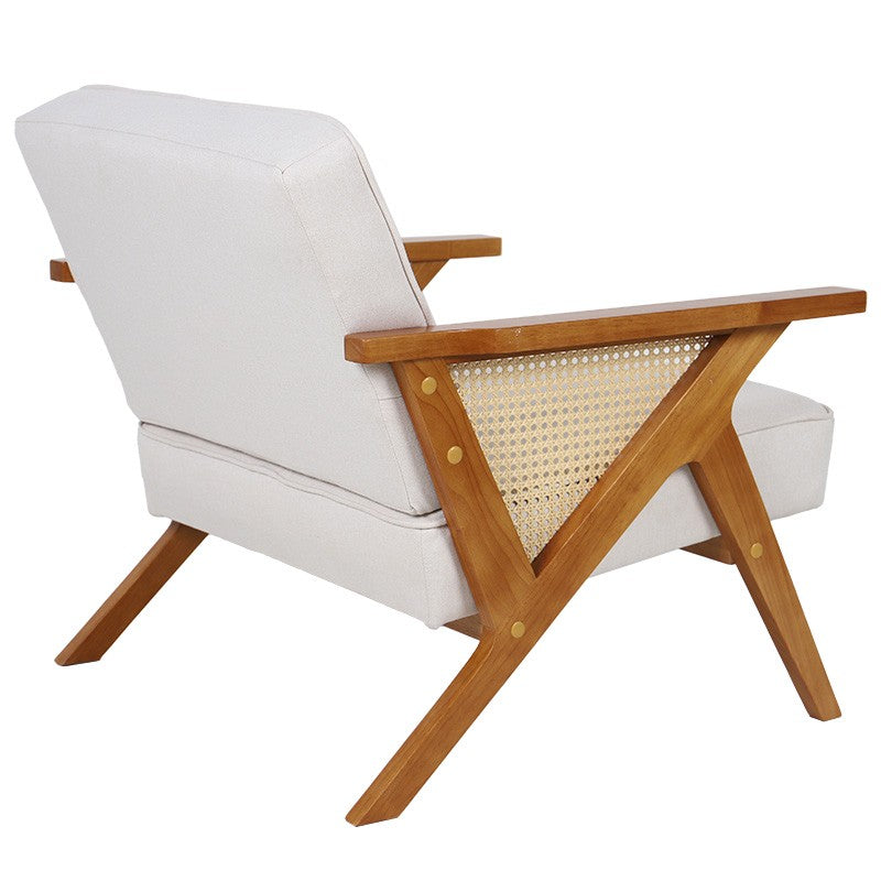 Fauteuil Claudia tissu beige-pvc rotin-hévéa naturel